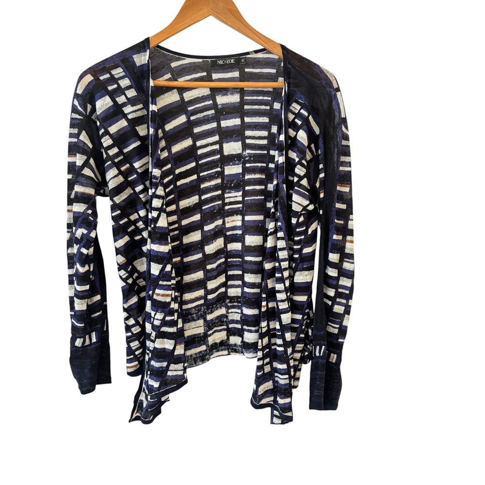 NIC+ZOE 4 Way Linen Blend Cardigan Sweater Womens M Geometric 3/4 Sleeve